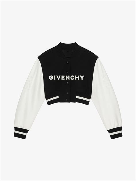 cropped givenchy leather jacket|GIVENCHY cropped varsity jacket in wool and leather.